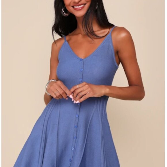 Lulu's Flattering Disposition Blue Button-Front Ribbed Mini Dress- Large-L-NWT - Picture 3 of 13